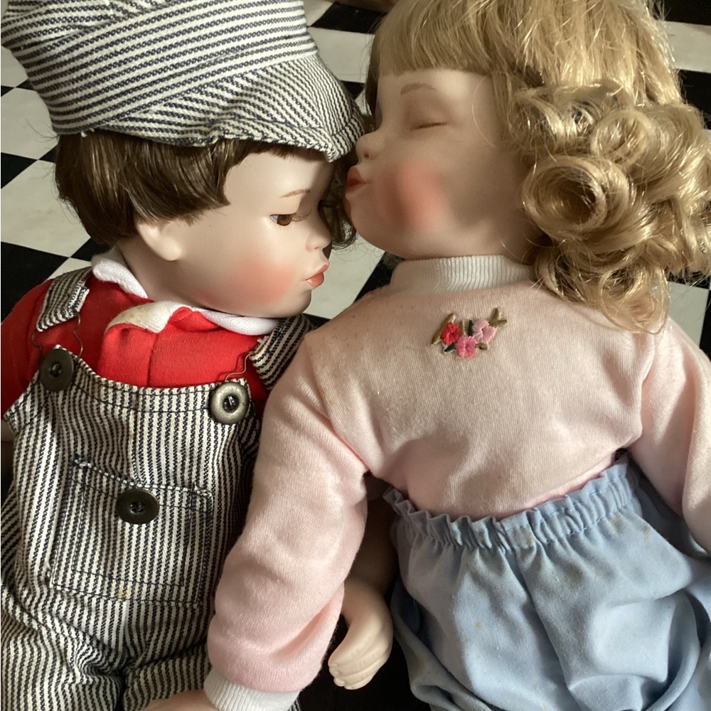 Adorable Doll Pair with Red and Pink Outfits